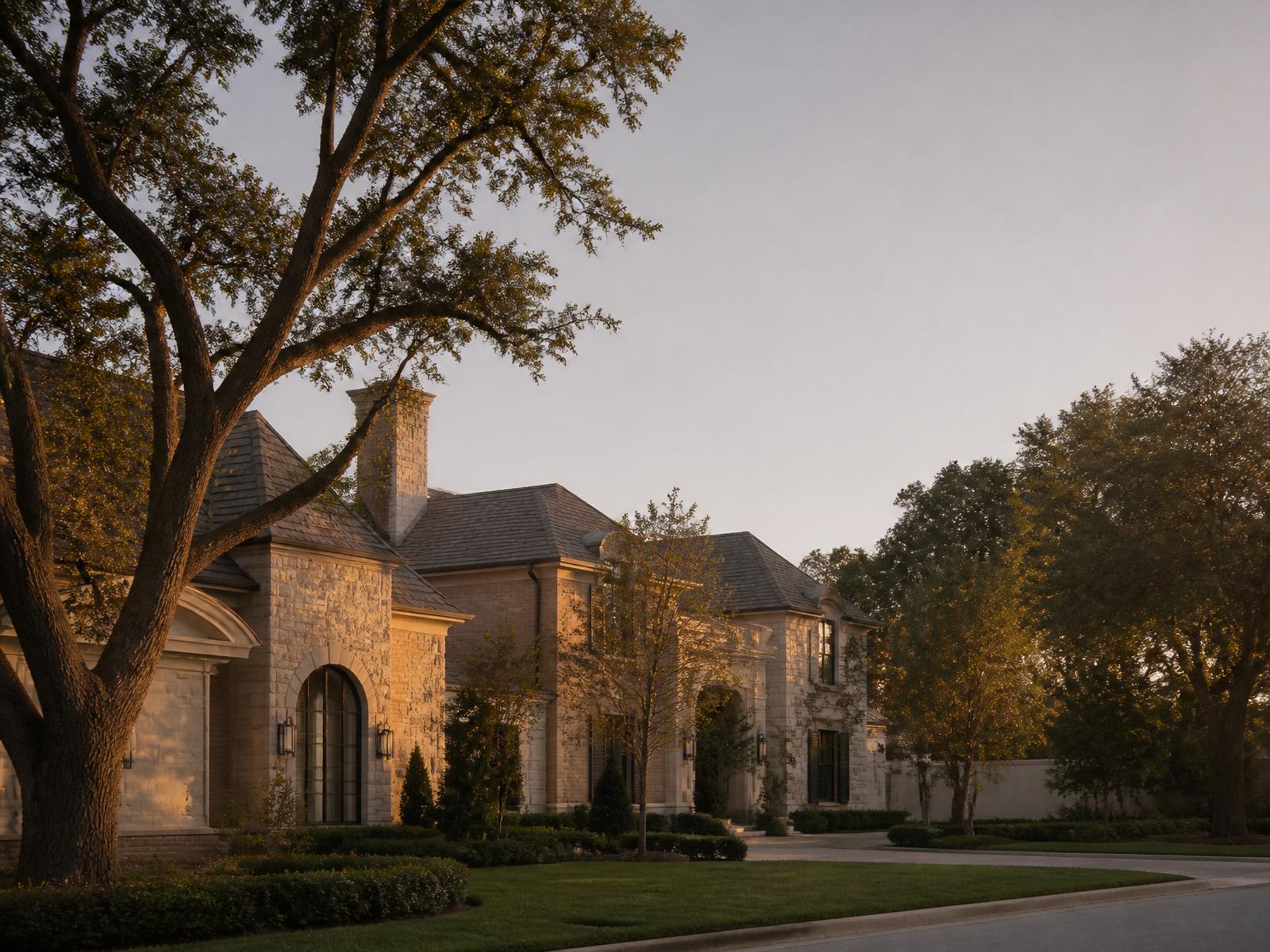 A Houston-area home at golden hour, framed by mature live oaks